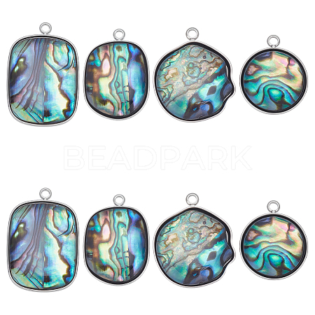 8Pcs 4 Styles 304 Stainless Steel Pave Natural Paua Shell Pendants STAS-UN0063-81-1