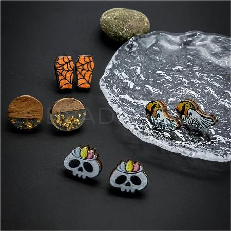 Halloween Tombstone Ghost Skull Wood Stud Earring Sets EJEW-OY002-01-1