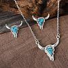 Western Cowboy Style Synthetic Turquoise Cattle Head Pendant Necklaces & Stud Earrings Sets for Women FS-WG063A3-03-1