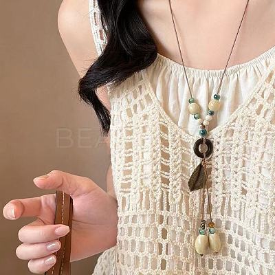 Chinese Style Porcelain & Alloy & Wood Leaf Pendant Adjustable Waxed Cord Long Necklaces for Women WG8DC5B-01-1
