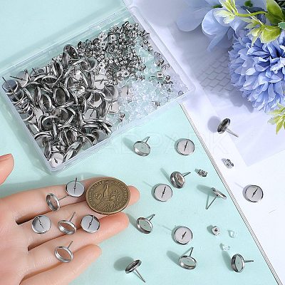 100Pcs Flat Round Stainless Steel Stud Earring Settings STAS-SP0001-61C-P-1