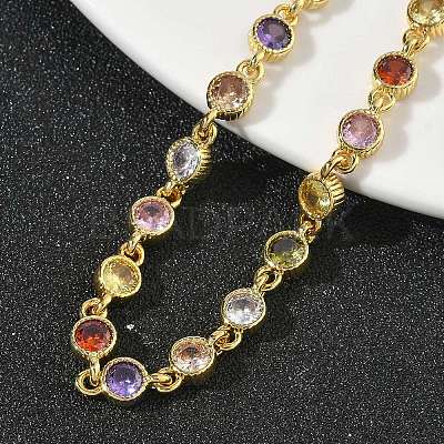 Flat Round Brass Pave Cubic Zirconia Link Chain Bracelets for Women BJEW-P385-01G-1