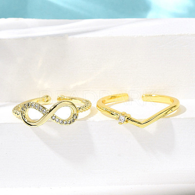2Pcs 2 Styles Brass Micro Pave Clear Cubic Cuff Zirconia Rings for Women RJEW-S399-04G-1