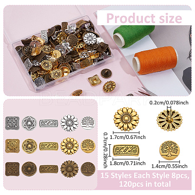 120Pcs 15 Styles 1-Hole Alloy Shank Buttons BUTT-WR0001-39-1