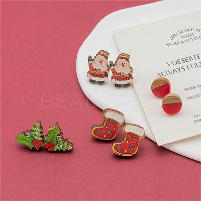 4 Pairs Santa Claus & Holly Leaves & Christmas Socking Printed Wood Stud Earrings EJEW-OY001-02-1