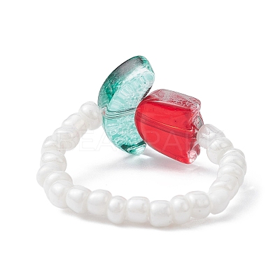 Tulip Flower Glass Seed Beaded Stretch Rings for Women RJEW-JR00596-1