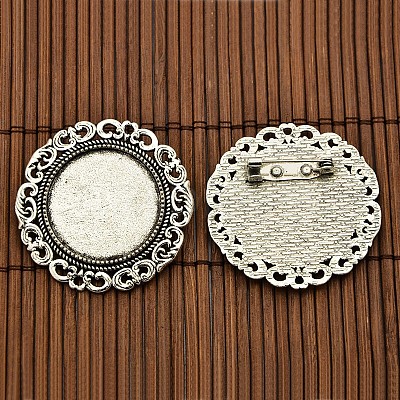 25mm Transparent Glass Cabochons and Flat Round Tibetan Style Brooch Cabochon Settings DIY-X0188-AS-NR-1