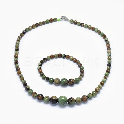 Natural Green Opal Graduated Beads Necklaces and Bracelets Jewelry Sets SJEW-L132-04-1