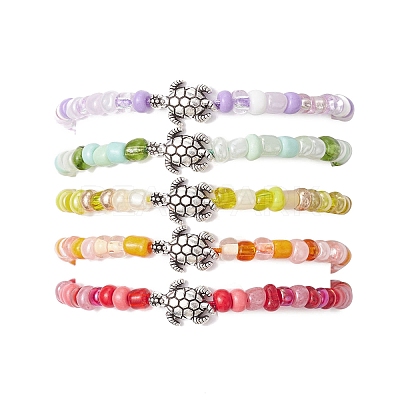 Alloy Tortoise & Glass Seed Braided Bead Bracelet BJEW-JB09750-1