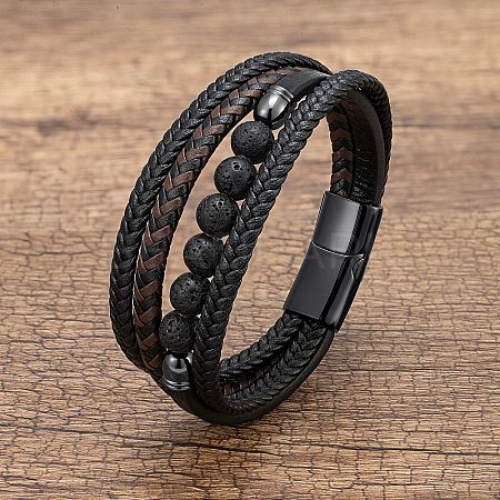 Natural Lava Rock Round Beads & Braided Imitation Leather Cord Bracelets for Men FS-WGCE7B3-01-1