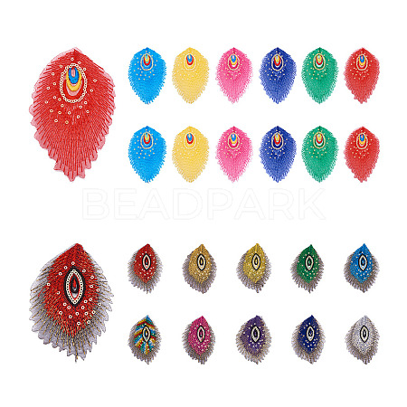 32Pcs 16 Style Peacock Feathers Polyester Embroidery Cloth Self Adhesive Patches DIY-PJ0001-26-1