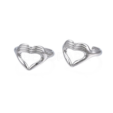 Non-Tarnish 304 Stainless Steel Heart Gesture Open Cuff Ring for Women RJEW-S405-260P-1