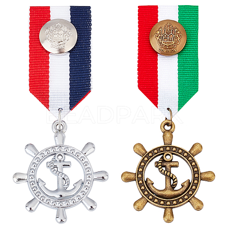 AHADERMAKER 2Pcs 2 Color Anchor & Helm Retro British Preppy Style Alloy with Iron Pendant Lapel Pins FIND-GA0002-75-1