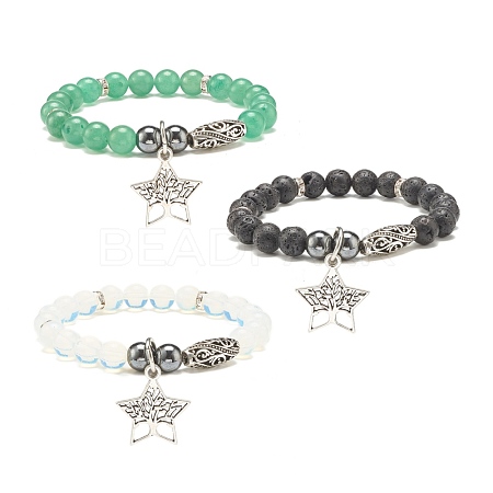 Gemstone & Synthetic Hematite Stretch Bracelet with Star Charm BJEW-JB07714-1