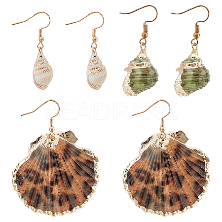 ANATTASOUL 3 Pairs 3 Styles Natural Shell Dangle Earrings EJEW-AN0002-76-1