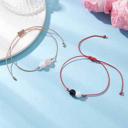 2Pcs Natural Rose Quartz & Eyeless Obsidian 
& Malaysia Jade Beads with Korean Waxed Polyester Cord Bracelets BJEW-JB12887-1