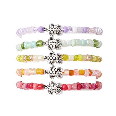 Alloy Tortoise & Glass Seed Braided Bead Bracelet BJEW-JB09750-1