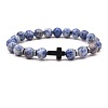 8MM Round Natural Blue Spot Jasper Beaded Stretch Bracelets with Synthetic Non-magnetic Hematite Cross FA1012-17-1