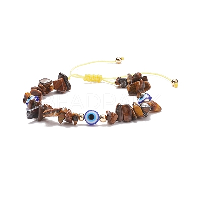Natural Tiger Eye Chips & Resin Evil Eye Braided Bead Bracelet BJEW-JB08495-02-1