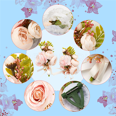 2Pcs 2 Style Silk Cloth Rose Flower Boutonniere Brooch & Wrist Corsage AJEW-CP0001-52-1