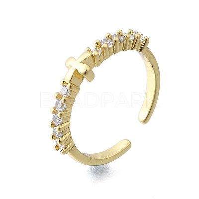 Brass Micro Pave Clear Cubic Zirconia Open Cuff Rings for Women RJEW-F179-07G-1