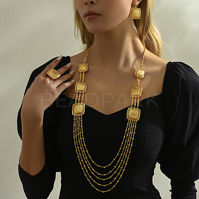 Bohemian Iron Hollow Square Multi-layer Necklaces & Stud Earrings & Cuff Rings Set for Women WD7231-1