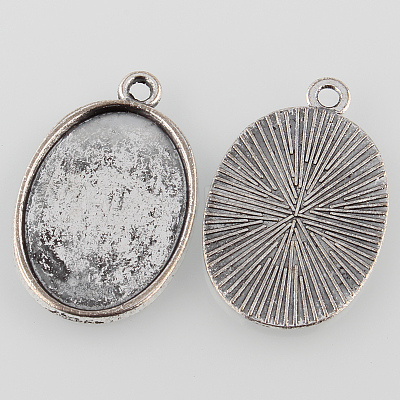 Tibetan Style Antique Silver Alloy Flat Oval Pendant Cabochon Settings X-TIBEP-M022-37AS-1
