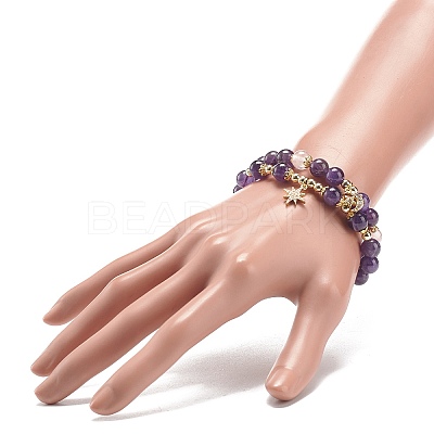 2Pcs 2 Style Natural Amethyst & Rose Quartz Beaded Stretch Bracelets Set BJEW-JB09020-1