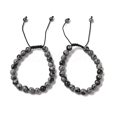 8mm Round Natural Snowflake Obsidian Braided Bead Bracelets BJEW-C067-01B-18-1