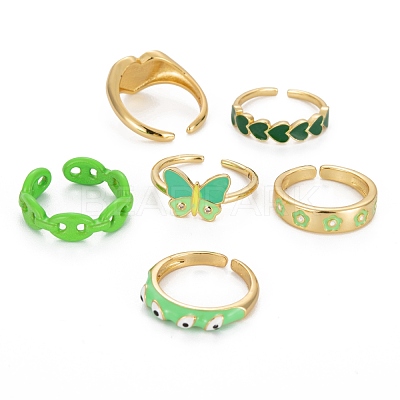 6Pcs 6 Style Spray Painted Brass & Brass Enamel & Micro Pave Cubic Zirconia Cuff Rings RJEW-LS0001-38-1