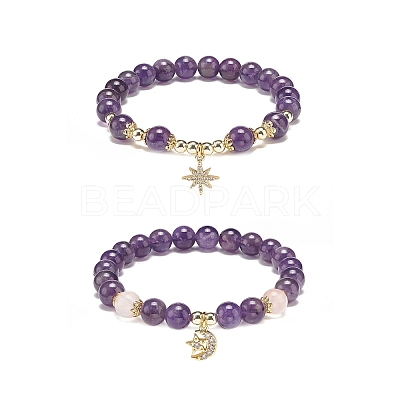 2Pcs 2 Style Natural Amethyst & Rose Quartz Beaded Stretch Bracelets Set BJEW-JB09020-1