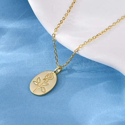 925 Sterling Silver Oval with Engraved Rose Flower Pendant Necklaces for Women NJEW-D316-03G-1