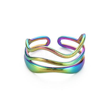 Rainbow Color 304 Stainless Steel Wave Wire Wrap Open Cuff Ring for Women RJEW-N038-047M-1