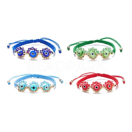 4Pcs 4 Colors Wire Wrapped Flower with Evil Eye Braided Bead Bracelet BJEW-TA00054-1
