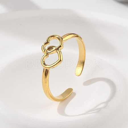 Heart 304 Stainless Steel Open Cuff Rings RJEW-R014-03G-01-1