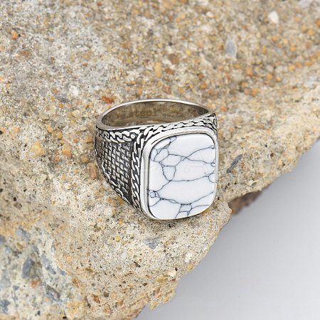 304 Stainless Steel with Natural Howlite Finger Rings FS-WG67565-61-1