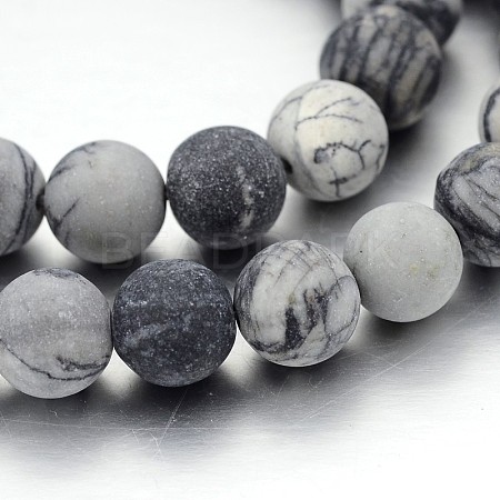 Frosted Round Natural Black Silk Stone/Netstone Bead Strands G-J276-65-10mm-1