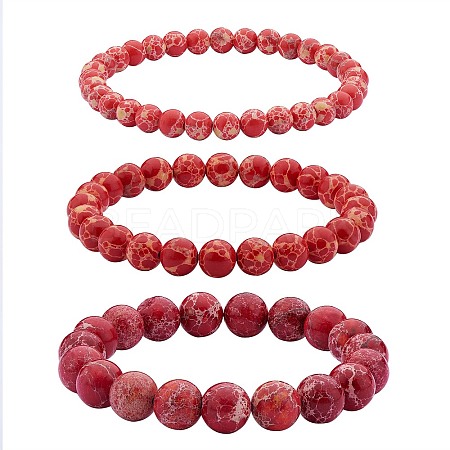 3Pcs 3 Size Synthetic Imperial Jasper Round Beaded Stretch Bracelets Set BJEW-SW00064-25-1