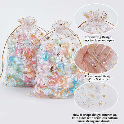 50Pcs Gold Stamping Moon & Star Organza Drawstring Gift Storage Bags OP-BBC0001-03C-01-1
