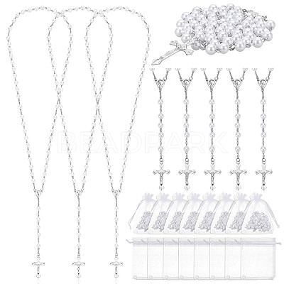 30Pcs Alloy & White Round ABS Imitation Pearl Jesus Cross Virgin Pendant Rosary Bead Necklaces NJEW-WA0001-03-1