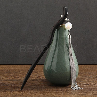 Wooden with Tassel Imitation Jade Hair Sticks PW-WG56B5F-02-1