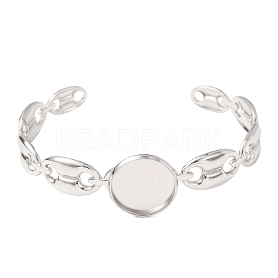 304 Stainless Steel Coffee Bean Chain Cuff Bracelet Blanks with Flat Round Bezel Settings SA-CBA4160-02A-P-1