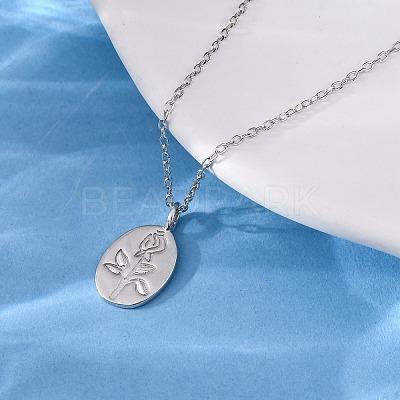 925 Sterling Silver Oval with Engraved Rose Flower Pendant Necklaces for Women NJEW-D316-03P-1
