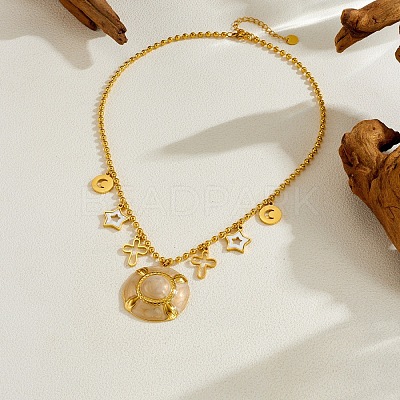 304 Stainless Steel Enamel Flat Round Cross Star Pendant Necklaces for Women NJEW-F380-02G-1