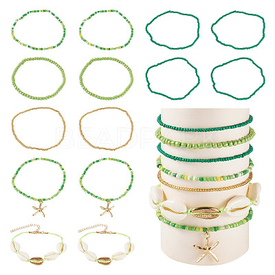 2 Bags Summer Beach Glass Seed Beaded & Natural Shell & Alloy Starfish Charm Anklet Sets AJEW-TA0003-69E-1