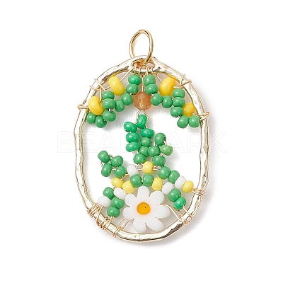Glass Seed Beaded Oval with Flower Pendants PALLOY-MZ01061-03-1
