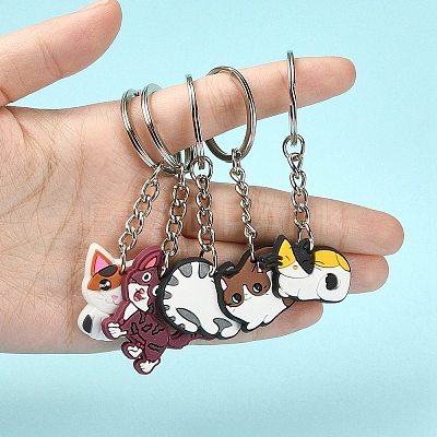 5Pcs 5 Style Cute Cartoon PVC Plastic Cat Pendant Keychain KEYC-YW0001-17-1