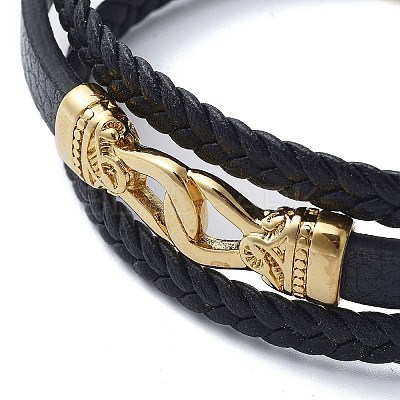 PVD Vacuum Plating Men's Black PU Leather Cord Multi-strand Bracelets BJEW-K243-41G-1