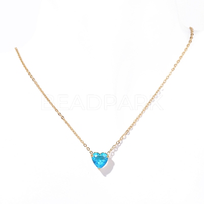 Stainless Steel Pave Cubic Zirconia Heart Pendant Cable Chain Necklaces for Women PW-WG05D07-12-1