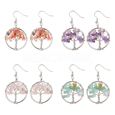 4 Pairs 4 Style Natural Mixed Gemstone Chips Tree of Life Dangle Earrings EJEW-AN0002-48-1